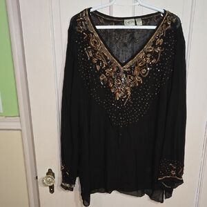 Chico's Black V-Neck Blouse with Gold Embroidery Size 3
